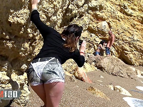 Hidden cam dame invites herself into a duo beach boning party
