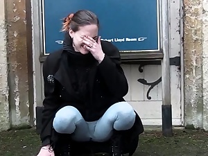 Unexperienced teen urinating her trousers